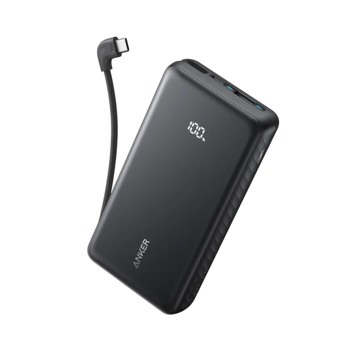 Anker Zolo Digital Wired Power Bank With Built-in USB-C Cable, 20000 mAh, 3 Port, 22.5W, USB-C + USB-A, Black - A110EH11