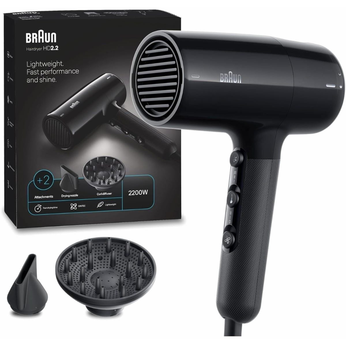 Braun HD2.2 Hair Dryer, 2200 Watt, Black - BRHD225E ( International Warranty )