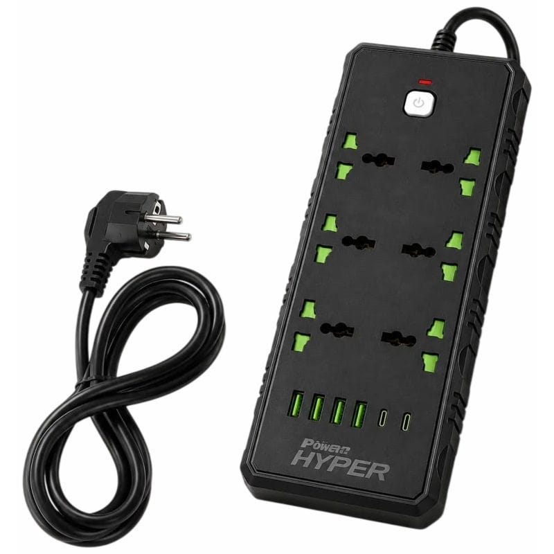 مشترك كهرباء هايبر تيك SP-40 عدد 6 منافذ تيار متردد + 4 منافذ USB-A + منفذين USB-C، بقوة 3000 وات - اسود