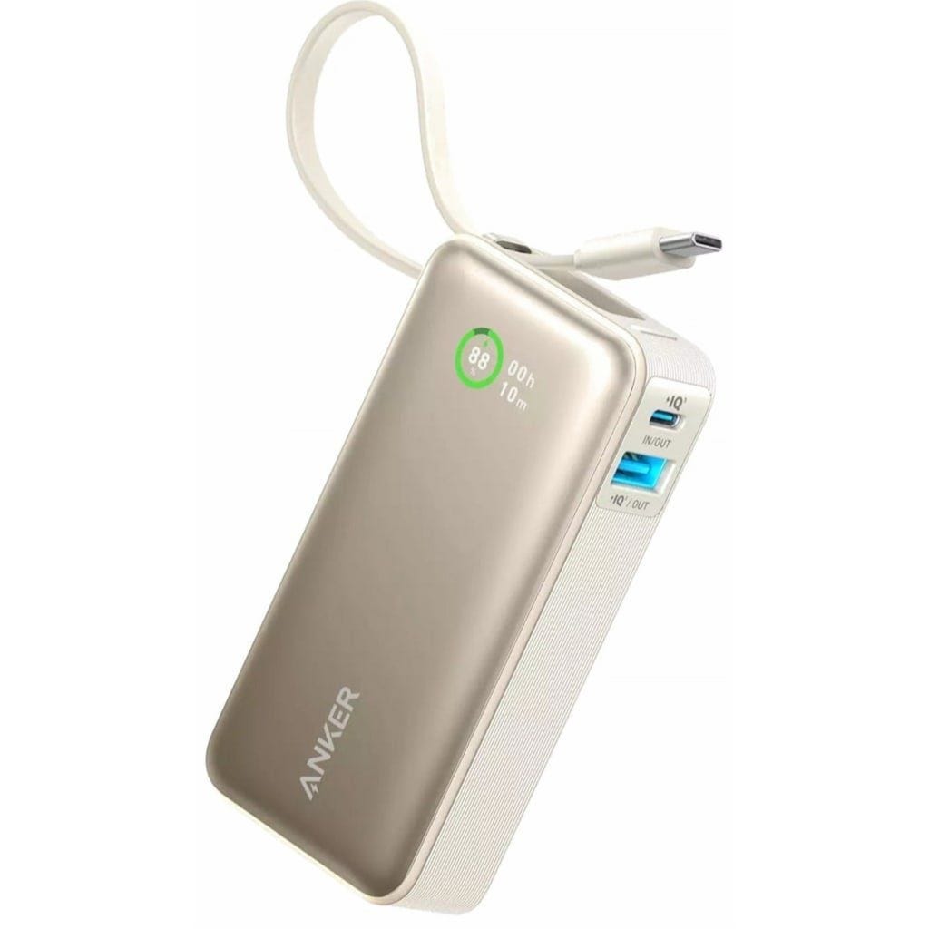 Anker Nano Digital Wired Power Bank, 10000 mAh, 3 Port, USB-C 30W + USB-A 22.5W + USB-C Integrated Cable 30W, White - A1259H21
