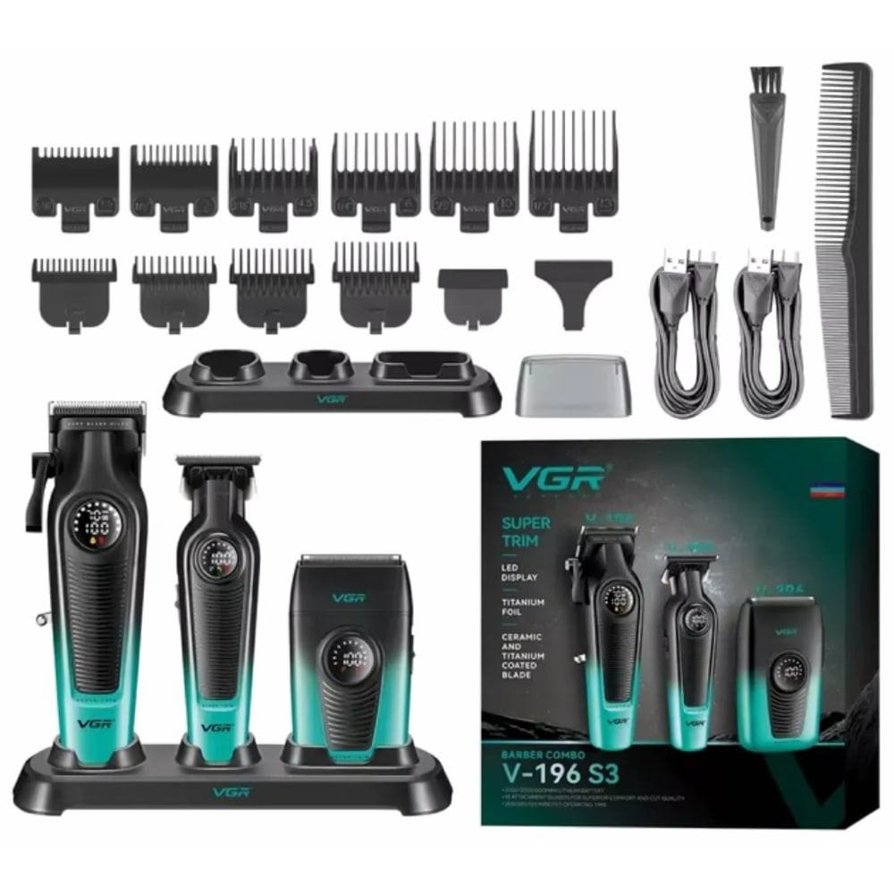 مجموعة أدوات الحلاقة في جي ار Super Trim ديجيتال قابلة للشحن، ازرق واسود - V-196 S3