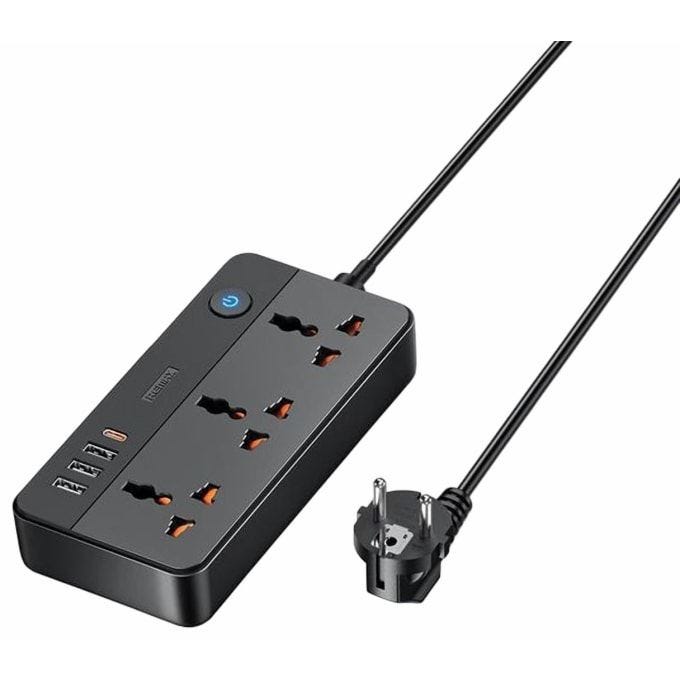 مشترك كهرباء ريمكس، 3 مقابس، 3 منافذ USB-A + منفذ USB-C، بقوة 20 وات، اسود - RP-U153
