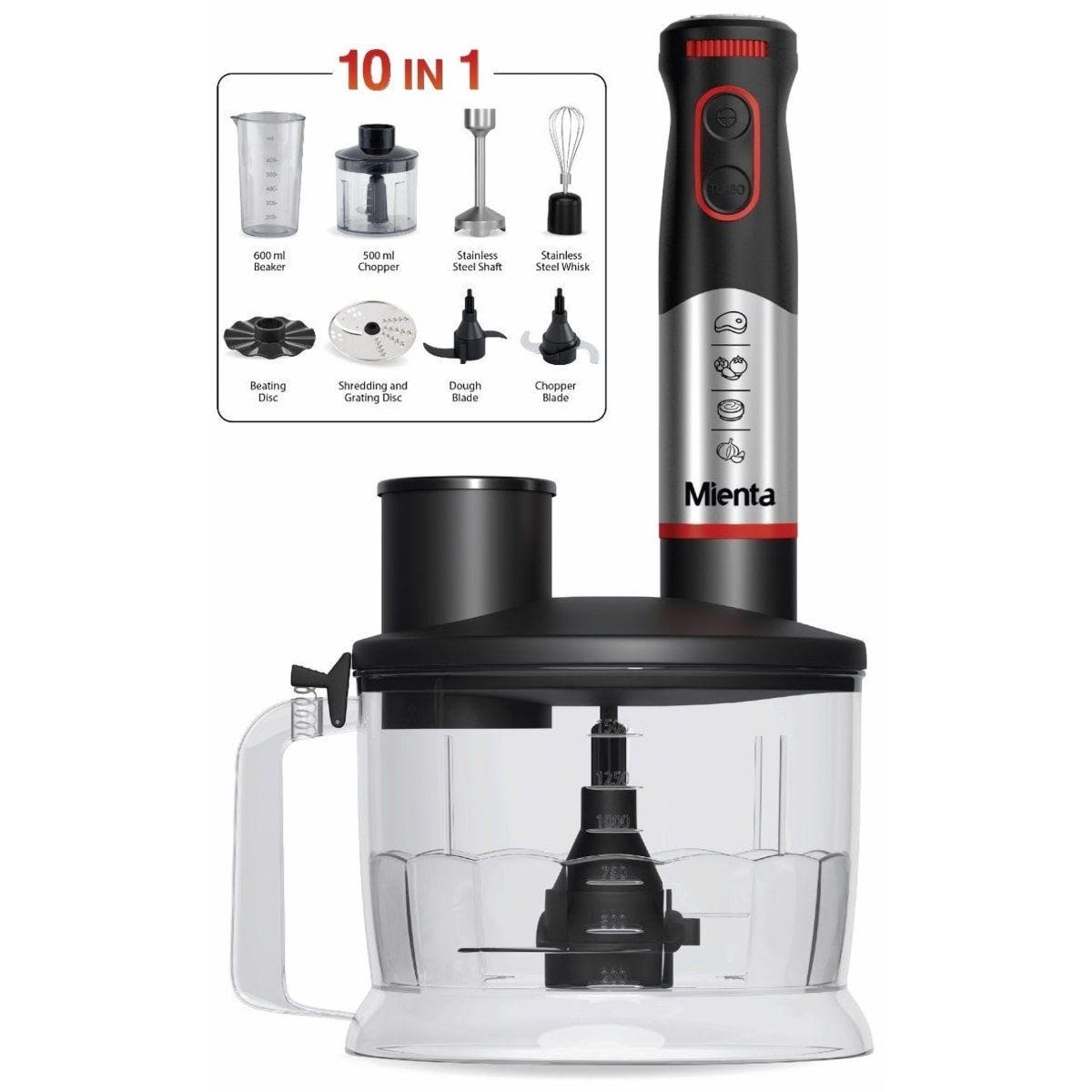خلاط يدوي متعدد الاستخدام ميانتا Essentials Pro 10 في 1 2 لتر 1000 وات اسود - HB111238A