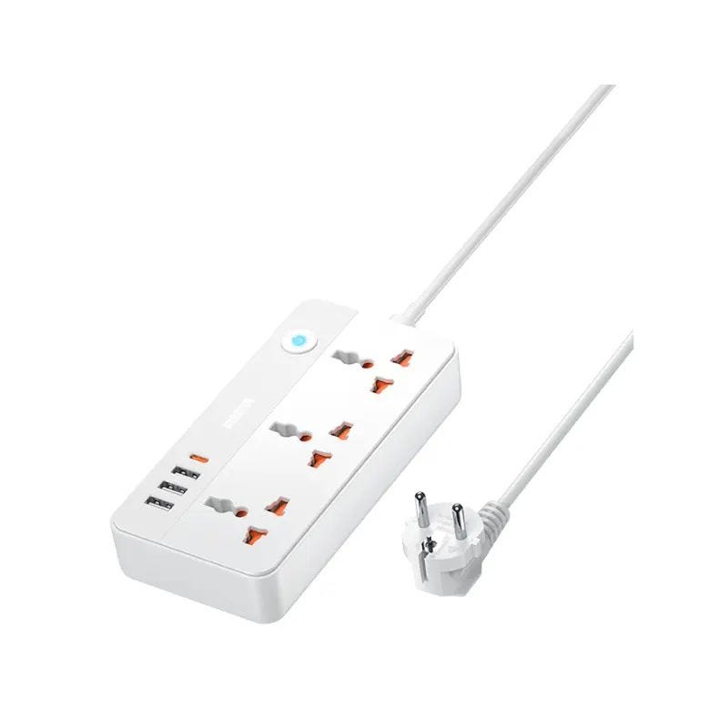 مشترك كهرباء ريمكس، 3 مقابس، 3 منافذ USB-A + منفذ USB-C، بقوة 20 وات، ابيض - RP-U153
