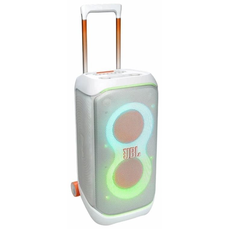 JBL PartyBox Stage 320 Bluetooth Speaker with Telescopic Handle and Wheels - White