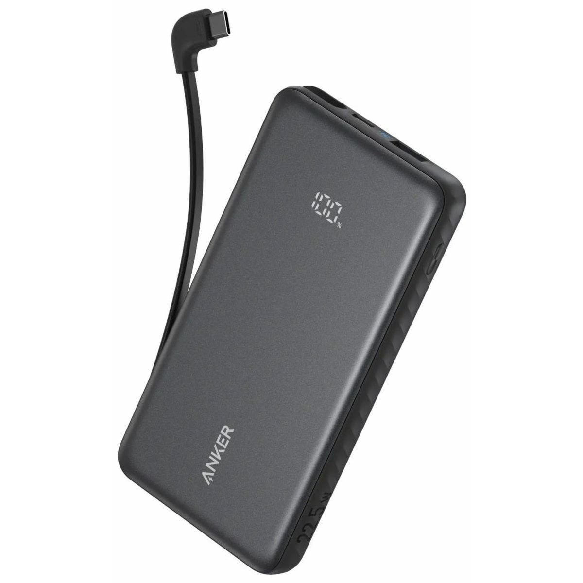 Anker Zolo Digital Wired Power Bank With Built-in USB-C Cable, 10000 mAh, 3 Port, 22.5W, USB-C + USB-A, Black - A110DH11
