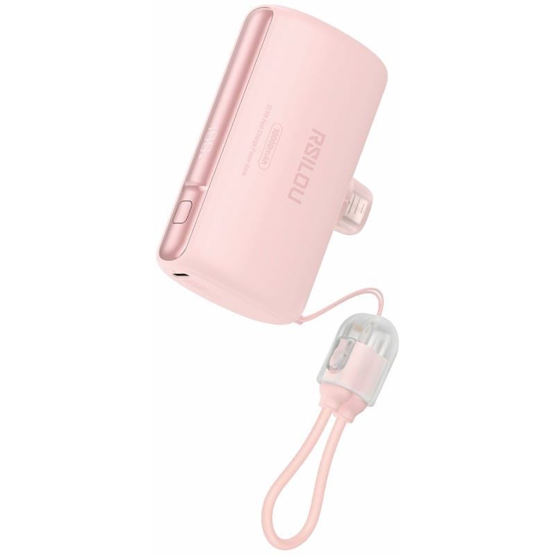 Rsilou Digital Wired Power Bank With Built In Type-C And Lightning Cables, 10000 mAh, 2 Port, USB-C + Lightning, Pink - R1028-001