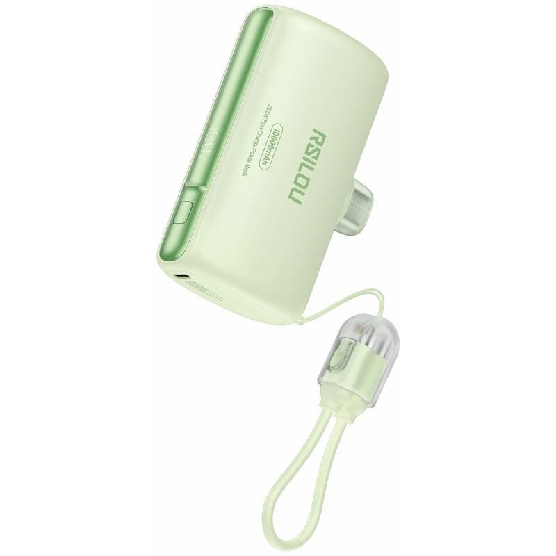 Rsilou Digital Wired Power Bank With Built In Type-C And Lightning Cables, 10000 mAh, 2 Port, USB-C + Lightning, Green - R1028-003