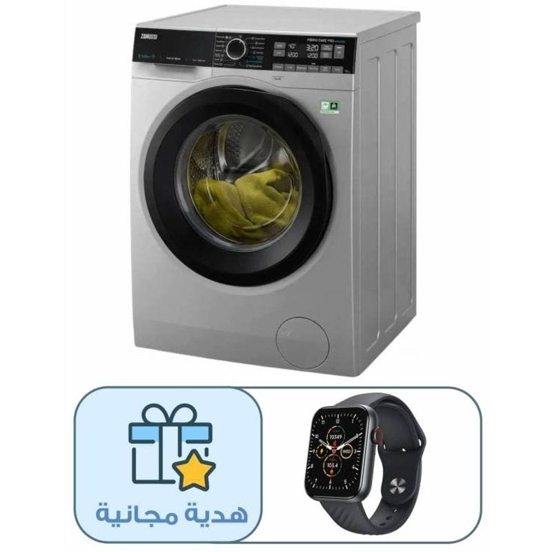 غسالة ملابس زانوسي برو ستيم ديجيتال فول اوتوماتيك بتقنية الانفرتر، تحميل امامي، 9 كجم، فضي - 914909476 مع هدية مجانية ساعة سمارت ايتل، 1.83 بوصة، اسود - ISW-O11