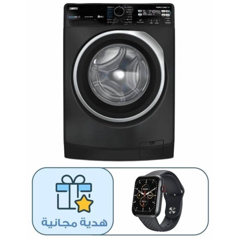 غسالة ملابس زانوسي ستيم ماكس ZWF7221DS7 ديجيتال فول اوتوماتيك، تحميل امامي، 7 كجم، رمادي غامق - 914909457 مع هدية مجانية ساعة سمارت ايتل، 1.83 بوصة، اسود - ISW-O11