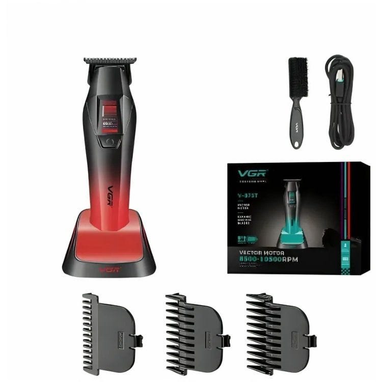 ماكينة تشذيب اللحية في جي ار Professional ديجيتال قابلة للشحن، احمر واسود - V-875T