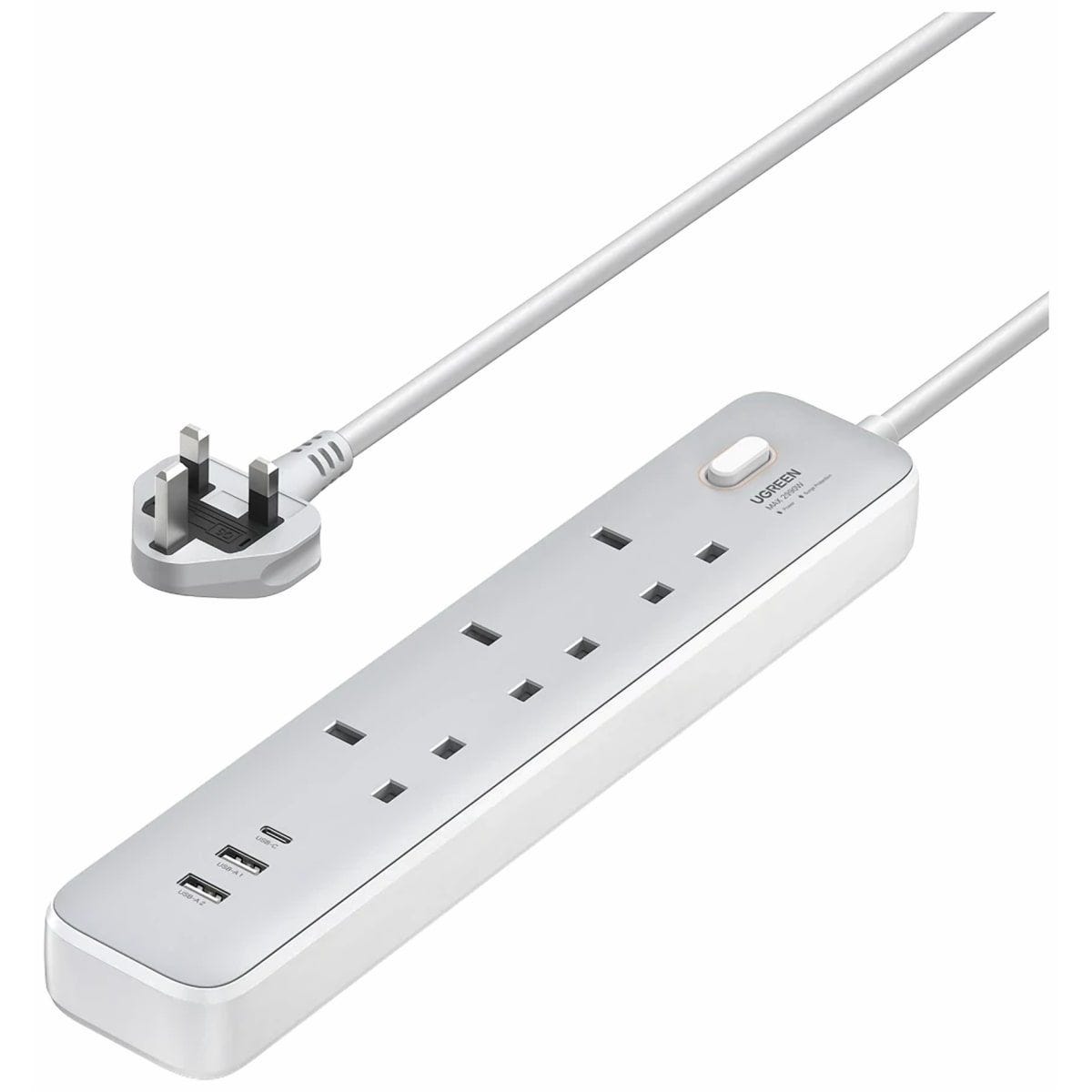 مشترك كهرباء يوجرين 6 في 1، 3 مقابس، 2 منافذ USB-A + منفذ USB-C، بقوة 2990 وات، 2 متر، ابيض رمادي - 15461